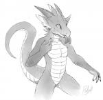 anthro claws dragon featureless_crotch forked_tongue greyscale horn looking_up male monochrome mythological_creature mythological_scalie mythology nude pupils rollwulf scalie slit_pupils smile solo tail tongue tongue_out wingless_dragon