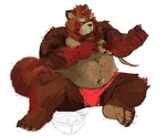 anthro belly brown_body brown_fur clothing fur humanoid_hands kemono male moobs navel nipples overweight overweight_male painting simple_background sitting solo underwear white_background bonbonbear tuokemao canid canine mammal raccoon_dog tanuki 2021