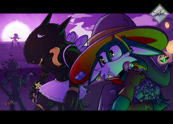 anthro candy clothing costume dagmar_(pacheco) dessert eider_(pacheco) eyeless food fur green_body green_fur green_light group holidays jack-o'-lantern lollipop male male/male purple_light red_eyes size_difference yellow_eyes pacheco halloween nikolay_(pacheco) canid canine fox humanoid mammal digital_drawing_(artwork) digital_media_(artwork) hi_res