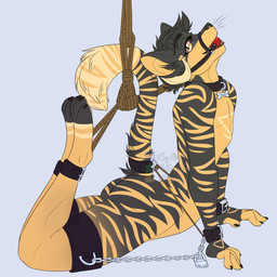 4_toes 5_fingers all_fours anthro ball_gag bdsm biped black_collar bondage bound brown_rope butt chain claws collar cuff_(restraint) feet fingers gag gagged hair horn lock male nude padlock restraints rope rope_bondage shackles short_hair simple_background solo tail tail_bondage tail_cuff tail_tied toes blvejay epoch_(shadeofdestiny) felid mammal pantherine tiger 1:1 2018 absurd_res detailed digital_media_(artwork) hi_res