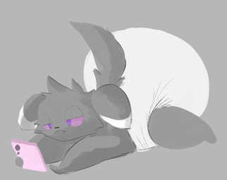 ambiguous_gender anthro big_diaper black_nose clean_diaper clothed clothing diaper diaper_only dipstick_ears ear_markings electronics featureless_feet featureless_hands feet frown fur grey_background grey_body grey_ears grey_eyelids grey_fur grey_tail half-closed_eyes holding_object holding_phone looking_at_object looking_at_phone lying markings multicolored_body multicolored_ears multicolored_fur narrowed_eyes on_front phone pink_phone purple_sclera simple_background snaggle_tooth solo tail three-quarter_view topless two_tone_body two_tone_fur wearing_diaper white_body white_diaper white_ear_tips white_fur onesydoo_(artist) nintendo pokemon espurr generation_6_pokemon pokemon_(species) 2025 full-length_portrait portrait