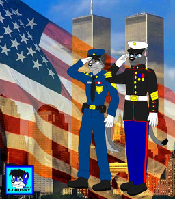 american_flag anthro duo male new_york_city police police_officer united_states_of_america world_trade_center ej_husky 9/11 canid canine canis mammal wolf 2021 hi_res