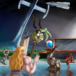 anthro ball big_muscles clothing female fur grey_body group huge_muscles hyper hyper_muscles jumping megastructure muscular muscular_female palm_tree planet plant pool_toy poolside red_body red_fur ringworld science_fiction sitting space spacecraft spacestation star swimming_pool swimwear thick_thighs tree vehicle warmup yellow_body yellow_fur marunishkek aquatic canid canine domestic_ferret fish fox human lagomorph leporid mammal mustelid musteline rabbit shark true_musteline weasel absurd_res hi_res