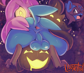 ambiguous_gender anthro anus backsack balls big_butt biped blue_body blush butt butt_focus cutaway dizzy_eyes duo expression_cutaway genitals male male/ambiguous open_mouth perineum pupils rear_view smile spread_anus spreading tail text thick_thighs llametsul nintendo pokemon generation_4_pokemon generation_6_pokemon gourgeist lucario pokemon_(species) pumpkaboo absurd_res hi_res
