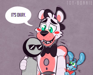 anthro bow_(feature) bow_tie clothing group hat headgear headwear machine male puppet simple_background text toy-bonnie five_nights_at_freddy's scottgames sister_location tumblr ultimate_custom_night anon funtime_freddy_(fnafsl) puppet_bonnie_(fnafsl) animatronic bear lagomorph leporid mammal rabbit robot 2018 digital_media_(artwork)