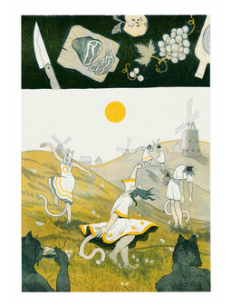 accessory anthro apple barefoot bell biped clothing cutting_board dancing dress feet female food fruit furgonomics grape grass group hair hill knife long_hair meat plant risograph sky tail tail_accessory tail_bell windmill goblinstunts domestic_cat felid feline felis mammal hi_res restricted_palette