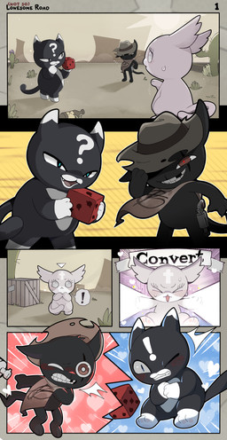ambiguous_gender anthro black_body black_fur clothing feral fur group gun hat headgear headwear heart_symbol ranged_weapon text trio weapon white_body white_fur zsloth mewgenics gambit_(mewgenics) marshmallow_(mewgenics) zodiac_(mewgenics) domestic_cat felid feline felis mammal 2026 absurd_res colored comic digital_drawing_(artwork) digital_media_(artwork) english_text hi_res