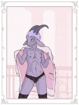 anthro clothed clothing female flat_chested footwear fur green_eyes horn knee_highs knee_socks legwear nipple_piercing nipples panties piercing purple_body purple_fur socks solo topless underwear thalomine marble_(thalomine) bovid caprine domestic_goat goat mammal nigerian_dwarf_goat aliasing digital_media_(artwork)