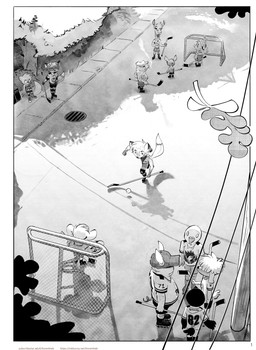 anthro beak black_border black_hair border bottomwear clothed clothing detailed_background dot_eyes ear_piercing eyebrows female fluffy fluffy_tail fur group hair high-angle_view hockey hockey_stick jersey leaf light looking_at_another male manhole multicolored_body nipples overweight piercing shirt short_hair sidewalk simple_eyes sport street street_hockey tail text topless topless_male topwear two_tone_body white_body white_border young young_anthro young_male horemheb alex_(horemheb) eli_(horemheb) jean_(horemheb) alpaca avian bird camelid canid canine canis chihuahua columbid domestic_dog domestic_pig eulipotyphlan fox mammal mephitid mole_(animal) mouse murid murine pigeon poodle rodent skunk suid suine sus_(pig) toy_dog 2026 absurd_res artist_name digital_drawing_(artwork) digital_media_(artwork) english_text greyscale hi_res lighting monochrome shaded url