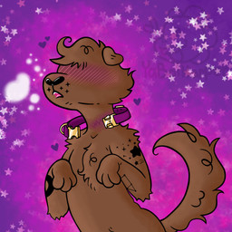 3_fingers 3_toes anthro arm_tattoo begging_for_more blush blush_lines blushing_profusely brown_body brown_fur bruised bruised_neck collar collar_only cosmic_background curled_fur curly_hair exposed exposed_teeth eyeless feet fingers fur glistening glistening_collar glistening_nose glistening_tongue hair heart_reaction heart_symbol hearts_around_body hearts_around_head male markings neck_markings no_pupils nude open_mouth paw_pose pink_background pink_blush pose purple_background purple_collar simple_background solo standing star star_(marking) star_(shape) star_tattoo starry_background tattoo toes tongue yaboiharper puppy_(yaboiharper) canid canine canis domestic_dog mammal 1:1 hi_res