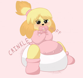 anthro bib big_diaper blush booties breath brown_eyes button_(fastener) clothing crinkling crossed_arms diaper female floppy_ears fur object_in_mouth onesie orange_body orange_fur pacifier pacifier_in_mouth pouting solo text yellow_body yellow_fur lyesander animal_crossing nintendo isabelle_(animal_crossing) canid canine canis domestic_dog mammal shih_tzu toy_dog hi_res