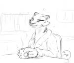 anthro bathrobe beverage biped clothed clothing eyes_closed female kitchen morning robe sitting smile solo tea nobby_(artist) disney pack_street zootopia fan_character pandora_(weaver) felid mammal pantherine tiger monochrome