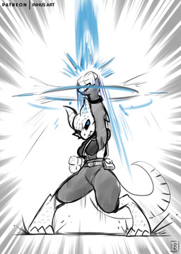 3_fingers 3_toes action_pose anthro belt black_sclera blue_eyes clothed clothing crossgender feet female fingers horn jets leather leather_clothing motion_lines pose pouch_(clothing) punch solo toes unusual_anatomy inhus_art trace_chaos biomechanical kobold scalie absurd_res hi_res sketch
