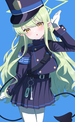 belt bent_arm blue_background blue_bottomwear blue_clothing blue_hat blue_headwear blue_shirt blue_skirt blue_topwear blush bottomwear clothing ear_piercing ear_ring female flat_chested glistening glistening_hair gloves green_hair hair hair_between_eyes halo handwear hat headgear headwear heart_tail legwear long_hair open_mouth pantyhose piercing pointy_ears pose prick_ears ring_piercing shirt simple_background skirt tail topwear white_clothing white_gloves white_handwear white_legwear white_pantyhose yellow_eyes young young_female young_humanoid akazaki_yukino blue_archive nexon hikari_(blue_archive) demon demon_humanoid humanoid tailed_humanoid absurd_res hi_res