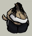 2022 accessory anthro big_breasts breasts brown_body brown_fur brown_hair camisole cleavage clothed clothing colored dreadlocks female fur grey_background hair hair_accessory hair_ring hand_under_breast headkerchief hi_res holding_breast huge_breasts hyena kerchief long_hair mammal markings midriff navel obese obese_anthro obese_female overweight overweight_anthro overweight_female portrait silverfang725 simple_background solo spots spotted_body spotted_fur spotted_hyena standing story story_in_description three-quarter_portrait track_pants weight_gain yellow_headkerchief yellow_kerchief