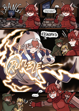 animal_ears blonde_hair blue_eyes brown_hair clawed_hands clothed clothing dialogue female green_eyes hair head_wings horn inside male melee_weapon red_eyes red_hair sword text unusual_wing_placement weapon white_hair wings shriekingmagpie horned_humanoid humanoid comic english_text hi_res