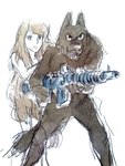 80's_theme anthro duo female gun hair long_hair male nude ranged_weapon teeth weapon hayao_miyazaki rowlf_(richard_corben) canid canine canis human mammal wolf 3:4 watercolor_(artwork)