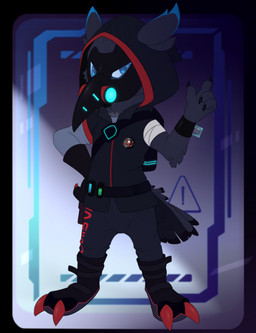 4_claws 4_fingers animal_mask anthro bandage beak_mask biped black_body black_bottomwear black_bracelet black_claws black_clothing black_gloves black_handwear black_mask black_pants black_tail blue_eyes boots bottomwear bracelet clawed_boots clawed_gloves claws clothed clothed_anthro clothed_male clothing feathers finger_claws fingers footwear front_view gloves glowing handwear hood_up hoodie jewelry looking_at_viewer male male_anthro mask multicolored_clothing pants red_clothing science_fiction shoes solo standing tail tail_feathers topwear meraence flox avian bird corvid corvus_(genus) oscine passerine raven 2023 digital_drawing_(artwork) digital_media_(artwork) hi_res