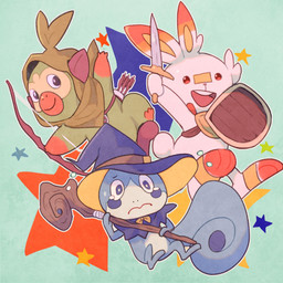 arrow_(weapon) bow_(weapon) cloak clothing group hat headgear headwear melee_weapon pattern_background ranged_weapon shield simple_background staff star star-shaped_background star_polygon starter_trio sword weapon thebunreports nintendo pokemon generation_8_pokemon grookey lagomorph mammal pokemon_(species) primate reptile scalie scorbunny sobble 1:1 2019 absurd_res hi_res