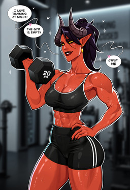 abs athletic_wear black_hair bottomwear bra breasts clothing collarbone dumbbell ear_piercing exercise eyebrows eyelashes female glistening glistening_body glistening_breasts glistening_skin gym_bottomwear gym_shorts hair hand_on_hip horn humanoid_pointy_ears midriff navel not_furry piercing pointy_ears red_body red_skin shorts solo sports_bra underwear weightlifting weights workout yellow_sclera olenaminko dispatch malevola_gibb demon demon_humanoid horned_humanoid humanoid 2026 hi_res