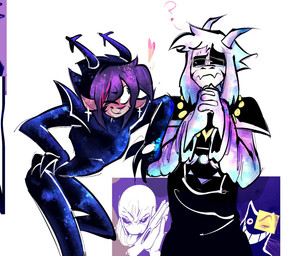 anthro antlers armor black_clothing black_eyes black_robe brown_body brown_fur clasped_hands clothed clothed_anthro clothing cross cross_ear_piercing cross_piercing duo eyewear female fully_clothed fully_clothed_anthro fur glasses hand_on_hip horn male male/female meme_face piercing red_nose robe small_waist smile wearing_glasses white_body white_fur minusnichi deltarune undertale undertale_(series) asriel_dreemurr_(god_form) dess_holiday friend_(deltarune) gaster roaring_knight bovid caprine deer goat mammal new_world_deer reindeer