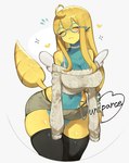 anthro big_breasts blonde_hair blue_body breasts cleavage clothed clothing curvy_figure eyes_closed eyewear female footwear glasses hair knee_highs knee_socks legwear long_hair multicolored_body navel simple_background socks solo tail two_tone_body wearing_glasses white_background wide_hips yellow_body togetoge nintendo pokemon dunsparce generation_2_pokemon pokemon_(species) hi_res