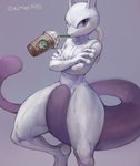 ambiguous_gender coffee_cup container crossed_arms cup drinking looking_at_viewer purple_eyes simple_background solo telekinesis white_body alpineping nintendo pokemon felid feline generation_1_pokemon legendary_pokemon mammal mewtwo pokemon_(species) absurd_res hi_res