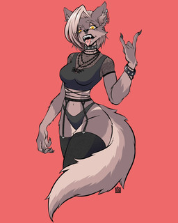 anthro breasts cleavage clothed clothing ear_piercing ear_ring facial_piercing female garter_straps gesture looking_at_viewer nose_piercing nose_ring piercing ring_piercing solo tongue tongue_piercing yellow_eyes square_apple canid canine canis mammal wolf 4:5 hi_res