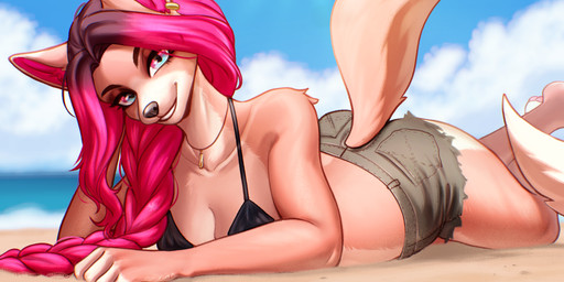 5_fingers anthro arm_support arm_tuft barefoot beach bikini bikini_top biped black_bikini black_bikini_top black_claws black_clothing black_swimwear blue_eyes blue_sky blurred_background bottomwear braided_hair braided_ponytail breasts brown_eyebrows brown_eyeshadow brown_hair butt calves_up claws clothed clothed_anthro clothed_female clothing cloud countershade_breasts countershade_butt countershade_face countershade_feet countershade_fur countershade_legs countershade_neck countershade_tail countershade_torso countershading day denim denim_bottomwear denim_clothing denim_shorts dipstick_ears dipstick_tail ear_markings ear_piercing eyebrow_through_hair eyebrows eyelashes eyelashes_through_hair feet female finger_claws fingerless_(marking) fingers front_view fur fur_tuft green_bottomwear green_clothing green_shorts grey_nose grin grinning_at_viewer hair hotpants humanoid_hands humanoid_heel inner_ear_fluff iris jewelry leaning_on_elbow long_hair long_ponytail long_tail looking_at_viewer lying lying_on_ground lying_on_sand markings medium_breasts monotone_bikini monotone_bikini_top monotone_bottomwear monotone_clothing monotone_shorts monotone_swimwear multicolored_body multicolored_ears multicolored_eyes multicolored_fur multicolored_hair necklace on_front on_ground on_sand orange_body orange_ears orange_fur orange_tail orange_tuft outside pawpads paws piercing pink_eyes pink_hair pink_inner_ear pink_inner_ear_fluff pink_pawpads pink_tuft plantigrade plantigrade_pawpads ponytail pose pupils raised_tail sand sea seaside shirtless shirtless_anthro shirtless_female shorts shoulder_tuft skimpy sky smile smiling_at_viewer snout solo swimwear tail tail_markings teeth the_pose three-quarter_view toe_claws toeless_(marking) toes translucent translucent_hair tuft two-piece_swimsuit two_tone_body two_tone_eyes two_tone_fur two_tone_hair water white_body white_breasts white_countershading white_ear_tips white_fingers white_fur white_markings white_sclera white_tail_tip white_toes pizhma peach_(pizhma) canid canine fox mammal 2026 digital_drawing_(artwork) digital_media_(artwork) full-length_portrait hi_res portrait shaded