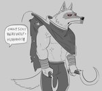 2023 anthro canid canine canis clothed clothing clothing_lift curtis_wuedti death_(puss_in_boots) dialogue dreamworks english_text grey_background greyscale male mammal monochrome muscular muscular_male puss_in_boots_(dreamworks) red_eyes shirt shirt_lift sickle simple_background solo text topwear wolf