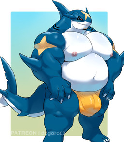 2_penises anthro anthrofied areola arm_fin belly biceps blue_body bulge claws clothed clothing deltoids detailed_bulge diphallism dorsal_fin fin finger_claws genital_outline genitals gills male markings multi_genitalia multi_penis musclegut muscular muscular_anthro muscular_male nipples notched_fin pecs penis penis_outline pink_nipples pokemorph red_eyes solo swimwear tail tail_fin text toe_claws topless white_body yellow_clothing yellow_markings yellow_swimwear o-ro nintendo pokemon generation_3_pokemon pokemon_(species) sharpedo artist_name hi_res watermark