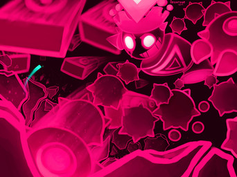 ambiguous_gender battle black_body bodily_fluids claws clothed clothing crown duo extreme_size_difference eyebrows fight finger_claws headgear horn micro pink_body punch punching_floor segmented_arms segmented_legs size_difference smile speaker spikes teeth text topwear dezarosen just_shapes_and_beats blixer_(jsab) cyan_(jsab) cyan_cube humanoid english_text hi_res watermark