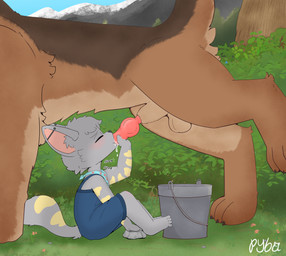 3_toes 4_toes animal_genitalia animal_penis anthro anthro_on_feral arm_markings balls barefoot bestiality biped black_claws black_nose black_text blue_clothing blue_necktie blue_overalls blue_sky blush bodily_fluids brown_body brown_fur bucket canine_genitalia canine_penis claws clothed clothed_anthro clothed_male clothing container countershade_fur countershade_legs countershading cum cum_in_mouth cum_inside day dialogue drinking drinking_cum duo ear_piercing ejaculation erection eyes_closed faceless_character faceless_feral faceless_male feet fellatio feral feral_on_young fingers fur fur_markings genital_fluids genitals grass grey_balls grey_body grey_countershading grey_fur grey_sheath industrial_piercing kerchief knot knotted_penis larger_feral larger_male male male/male male_anthro male_feral male_on_anthro male_on_feral markings mountain multicolored_body multicolored_fur neckerchief necktie neckwear on_ground onomatopoeia oral outside outside_sex overalls pattern_kerchief pattern_neckerchief pawprint_pattern pawprint_print penile penis penis_in_mouth penis_nursing piercing pink_inner_ear pink_knot pink_penis plant plantigrade quadruped raised_foot rock servicing_from_below sex sheath shortalls shota shrub side_view sitting sitting_on_ground size_difference sky smaller_anthro smaller_male sound_effects swallowing swallowing_sound_effect tail tail_markings text toe_claws toes tree white_text yellow_markings young young_anthro young_male pybocat lou_(thewolf) canid canine canis domestic_dog mammal wolf english_description