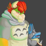 anthro blush chest_horn clothing duo hair hand_behind_head horn looking_away male muscular open_mouth red_hair shirt size_difference topwear mc_morrales mario_bros nintendo pokemon bowser generation_4_pokemon lucario pokemon_(species) 2019 hi_res