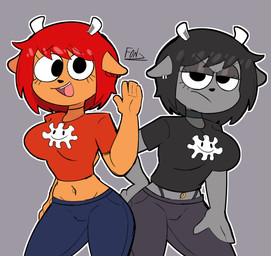 2_horns angry anthro black_clothing black_eyes black_hair black_nose black_shirt black_topwear bottomwear breasts clothing collar crotch_lines duo ear_piercing ear_ring eyebrows eyelashes female frown fur glistening_eyelids grey_body grey_ears grey_fur hair horn long_eyelashes looking_at_viewer narrowed_eyes navel navel_piercing open_mouth open_smile pants piercing red_clothing red_hair red_shirt red_topwear ring_piercing shirt short_hair smile tan_body tan_ears tan_fur thong_straps topwear white_horn fonz_(artist) parappa_the_rapper sony_corporation sony_interactive_entertainment um_jammer_lammy lammy_lamb rammy_lamb bovid caprine mammal sheep absurd_res hi_res