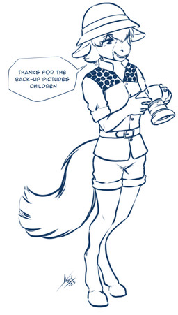 5_fingers anthro belt biped bottomwear camera clothed clothing eyebrows female fingers hair hat headgear headwear holding_camera holding_object hooves shorts simple_background smile solo tail text white_background aogami pascalle_(shaneandco) equid equine horse mammal 2023 absurd_res english_text hi_res monochrome