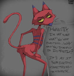 3_toes 4_fingers anthro butt feet fingers fur leaning leaning_forward male nude presenting presenting_hindquarters purple_nose purple_stripes red_body red_fur simple_background skinny solo standing stripes suggestive_dialogue suggestive_pose text thought_bubble toes skunk_bunk cartoon_network courage_the_cowardly_dog katz_(courage_the_cowardly_dog) domestic_cat felid feline felis mammal absurd_res english_text hi_res watermark