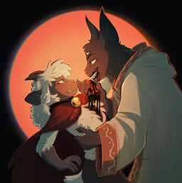 3_eyes anthro bell bell_collar black_background black_blood black_body black_fur blood blood_drip blood_in_mouth blood_on_hand bodily_fluids cannibalism cheek_tuft chest_tuft circle_background claws clenched_teeth cloak clothing collar colored_blood dripping duo eye_contact facial_tuft fluffy fur fuzzy gore grin half-closed_eyes head_tuft heart_(organ) holding_heart holding_heart_(organ) horn leaning leaning_backward leaning_forward looking_at_another looking_at_partner male male/male multi_eye narrowed_eyes neck_tuft organs pointy_ears prick_ears questionable_consent red_eyes robe short_tail side_view simple_background size_difference smile tail teeth tuft unusual_blood unusual_bodily_fluids waist_grab white_body white_fur white_wool wool_(fur) wounded freckledbastard cult_of_the_lamb massive_monster_(studio) lamb_(cult_of_the_lamb) narinder bovid caprine demon domestic_cat felid feline felis goat mammal sheep hi_res