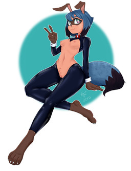 anthro blue_hair breasts bunny_costume clothing costume female genitals gesture hair hand_gesture illegible_signature pubes reverse_bunny_costume simple_background solo v_sign vulva white_background brand_new_animal studio_trigger michiru_kagemori canid canine mammal raccoon_dog tanuki absurd_res hi_res