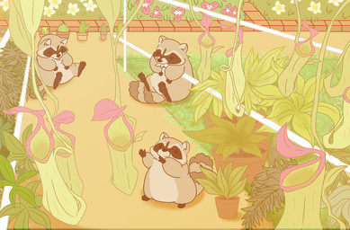 black_nose chibi detailed_background feral grey_body group outside plant sitting tongue tongue_out yuswith2354 mammal procyonid raccoon 2022 absurd_res hi_res
