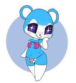 :> anthro armwear blue_body blue_eyes blue_fur blush breasts camel_toe clothed clothing elbow_gloves female fur gloves hand_on_cheek handwear inviting looking_at_viewer nipple_tape panties pasties profanity raised_clothing raised_shirt raised_topwear shirt short_stack simple_background smile solo sparkles sparkling_eyes star_eyes tape text text_on_clothing text_on_panties text_on_underwear topwear underwear white_body white_fur vono animal_crossing nintendo judy_(animal_crossing) bear mammal english_text hi_res