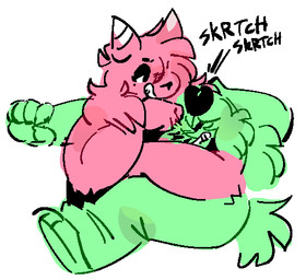 ambiguous_gender anthro biped claws duo escape_attempt finger_claws horn looking_at_another markings mole_(marking) noogie scratching_head smile sound_effects tail wince pinkshinyhorns nier_(pinkshinyhorns) bovid canid canine canis caprine domestic_dog goat hybrid mammal character_request restricted_palette trans_(lore) trans_woman_(lore)