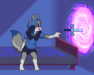 anthro bed biped black_nose blue_eyes blue_markings clothed clothing countershade_face countershade_fur countershading dipstick_tail eyebrows fur furgonomic_headwear furgonomic_hood furgonomics furniture gloves_(marking) grey_body grey_fur hoodie inside leg_markings magic male markings melee_weapon multicolored_body multicolored_fur on_bed open_mouth portal reaching sitting sitting_on_bed socks_(marking) solo sword tail tail_markings tongue topwear two_tone_body two_tone_fur weapon white_body white_countershading white_fur white_markings young young_anthro young_male jamesfoxbr canid canine canis mammal wolf 2026 2d_animation animated digital_media_(artwork) pixel_(artwork) pixel_animation