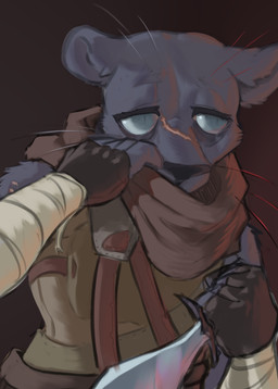 belt clothed clothing fingerless_gloves gloves grey_body grey_eyes handwear painting scar shy simple_background solo weapon mendobear rouge felid mammal pantherine absurd_res bust_portrait hi_res portrait