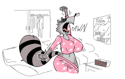 alarm_cock anthro bed bed_sheet bedding bedroom big_breasts big_butt breasts butt closet clothing female furniture huge_breasts markings open_mouth pajama_pants pajama_shirt pajamas poster raccoon_tail simple_background solo stripes tail tail_markings tired yawn yawning_position diegutan uva_the_raccoon mammal procyonid raccoon aliasing binary_drawing digital_drawing_(artwork) digital_media_(artwork) hi_res