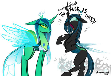 ambiguous_gender black_body blue_hair blue_tail blue_wings dialogue female female/female green_body green_eyes group hair horn laugh open_mouth simple_background tail text white_background wings madragon friendship_is_magic hasbro my_little_pony metamorphosed_chrysalis queen_chrysalis_(mlp) changeling 2026 english_text widescreen