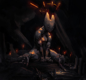 ambiguous_gender anthro backpack black_body black_fur cave cavern clothed clothing darkness explorer exploring female fire fluffy fluffy_tail fur lamp lantern long_tail looking_up partially_clothed sculpture solo statue tail torch yellow_eyes apelairplane casualties:_unknown canid canine expie_(gunsawian) gunsawian mammal 2025 colored digital_drawing_(artwork) digital_media_(artwork) hi_res shaded simple_shading