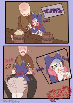 alcohol anthro bald beer beverage biped blue_eyes bodily_fluids butt clothed clothing cum cum_in_mouth cum_inside eyelashes fellatio female female_penetrated genital_fluids genitals hair larger_male male male/female male_penetrating oral penetration penile penis pink_hair pupils sex size_difference smile tail text topwear vulva whiskers yellow_sclera triggerpigart monster_hunter_stories_2:_wings_of_ruin tsukino_(monster_hunter_stories) domestic_cat felid feline felis mammal absurd_res comic english_text hi_res