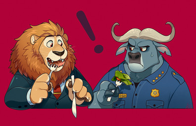 anthro brown_eyes clothed clothing cutlery duo eating exclamation_point food fork fur grey_body grey_fur horn kitchen_utensils knife male necktie police police_uniform red_background salad simple_background suit tools uniform yellow_body yellow_fur kirita disney zootopia chief_bogo leodore_lionheart bovid bovine cape_buffalo felid lion mammal pantherine 2016