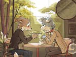 anthro beverage biped black_eyes blue_body blue_fur blush brown_body brown_fur cafe coffee coffee_mug collar_tag countershade_fur countershading duo fur looking_at_another looking_at_partner male male/male romantic romantic_couple white_body white_countershading smallkongwolf canid canine canis domestic_dog fox mammal 2024 4:3 hi_res